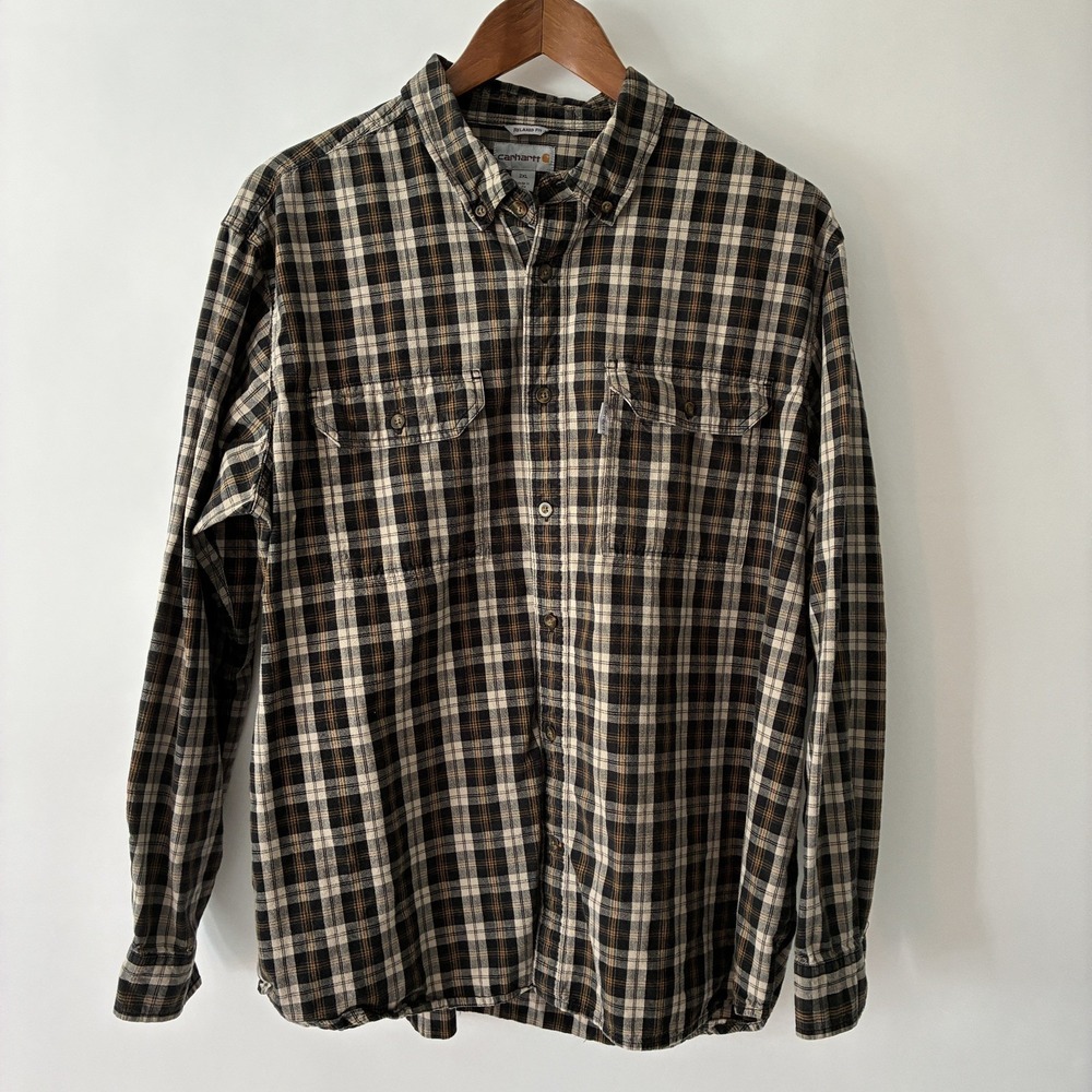 Carhartt Fort Plaid Men's 2XL Chambray Long Sleeve Shirt Relaxed Fit Black Tan